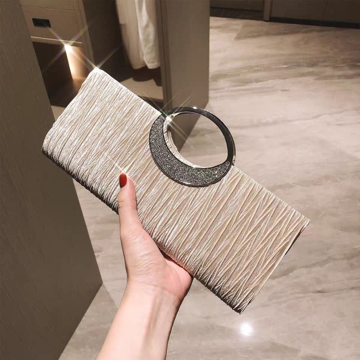 Pleated Ring-Handle Evening Handbag