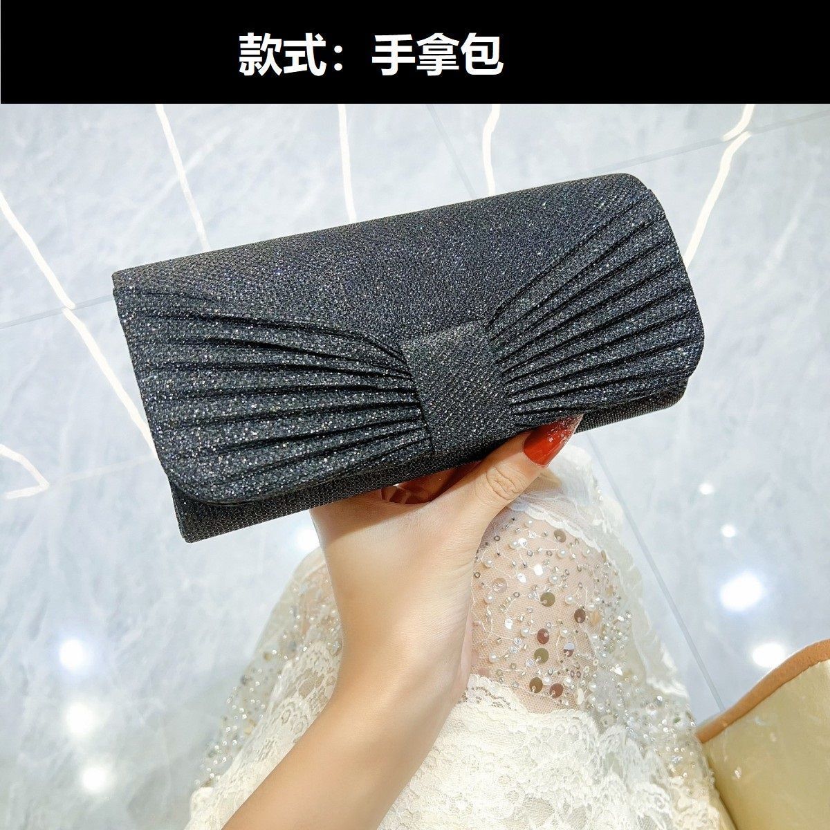 Wavy Rhinestone Crown-Clasp Evening Bag