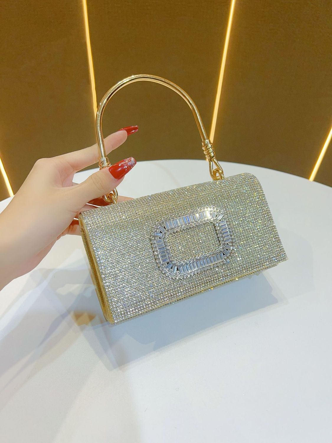 Rhinestone Buckle-Detail Box Clutch