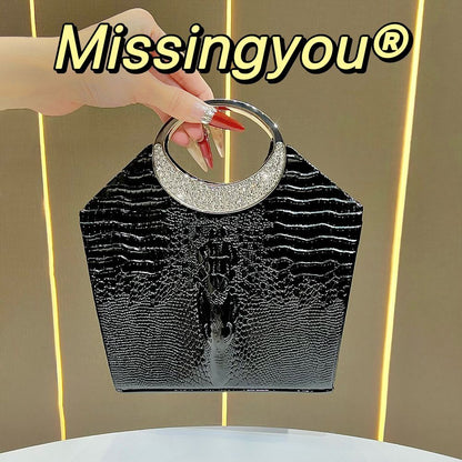 Croc-Embossed Ring-Handle Evening Bag