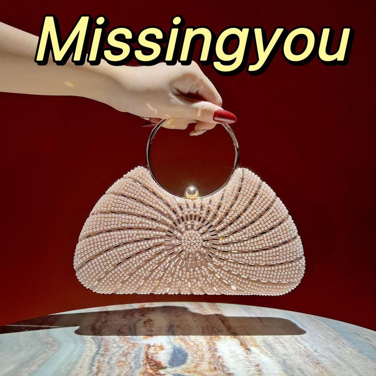 Spiral Beaded Ring-Handle Evening Handbag
