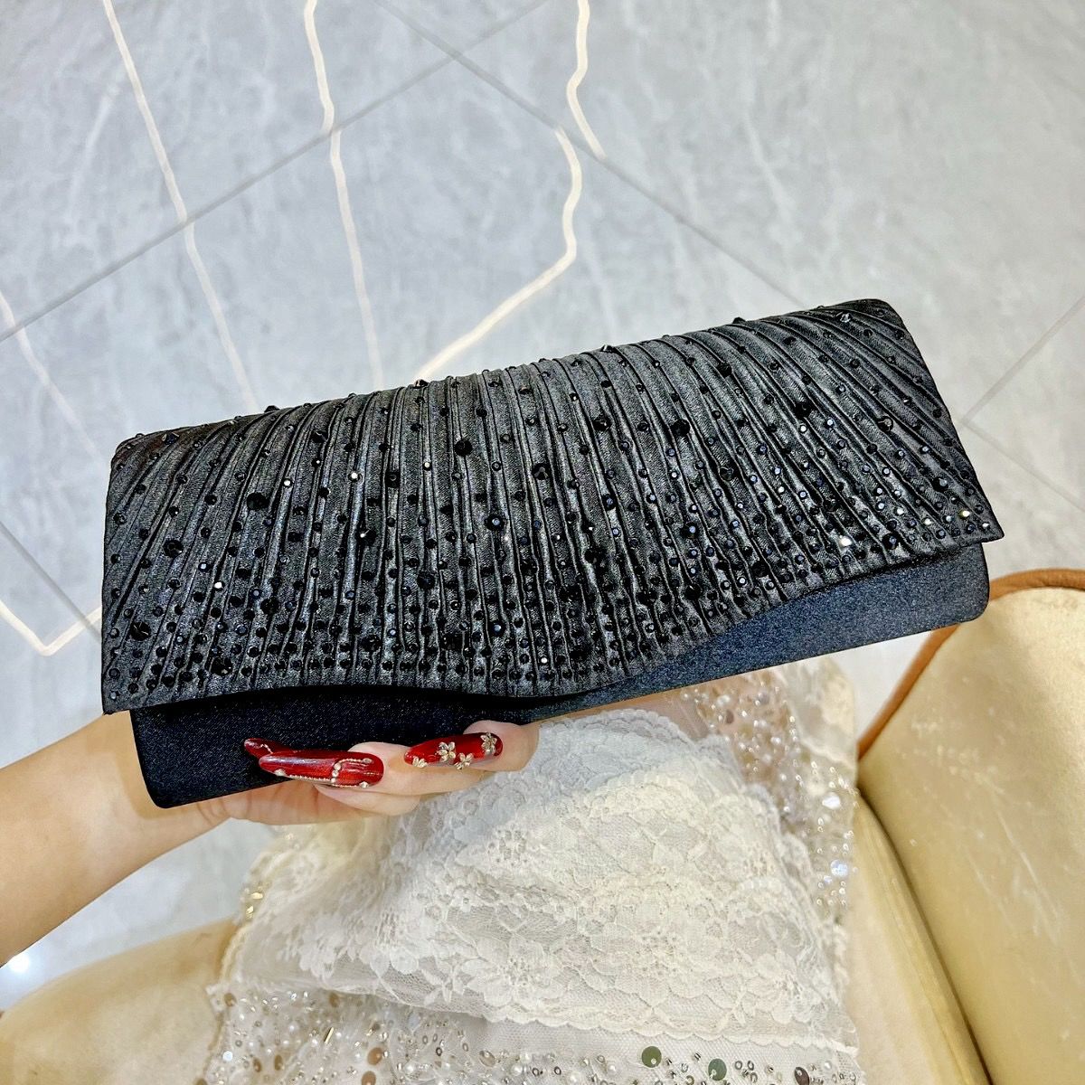 Pleated Glitter Envelope Clutch