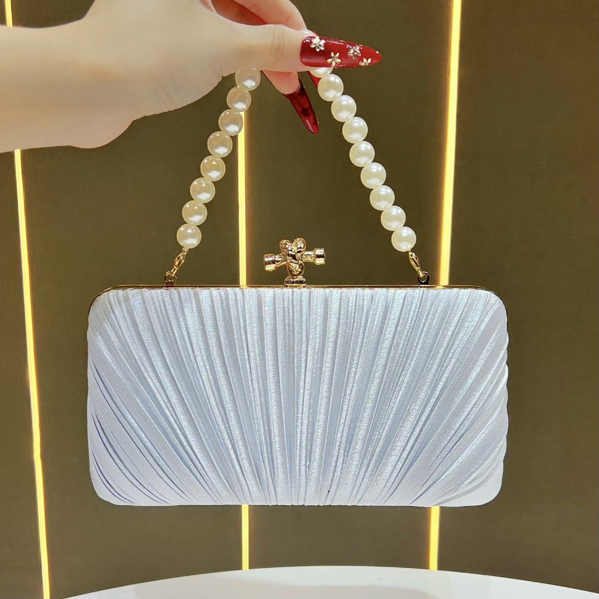 Pleated Satin Teardrop-Accent Evening Bag