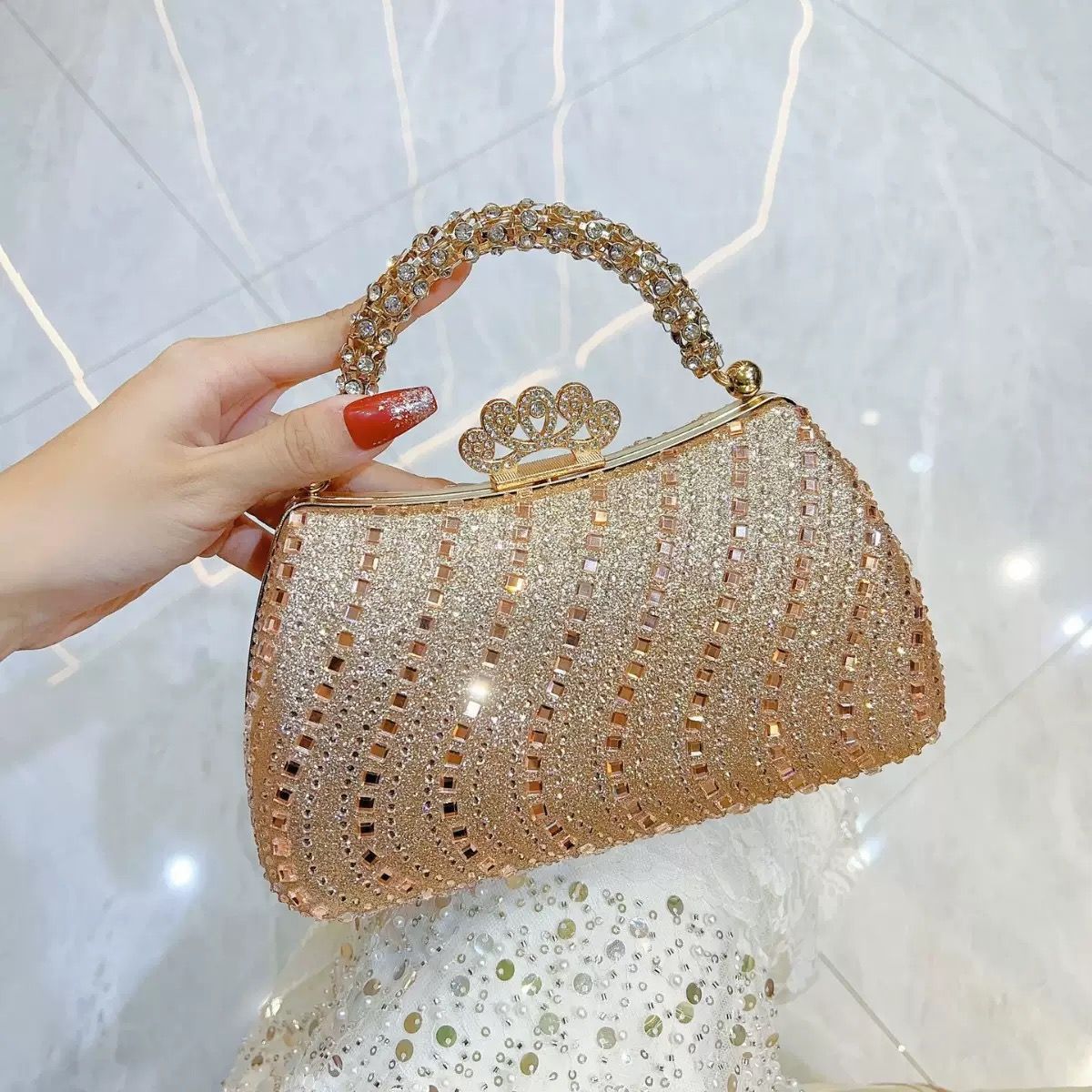 Wavy Rhinestone Crown-Clasp Mini Handbag
