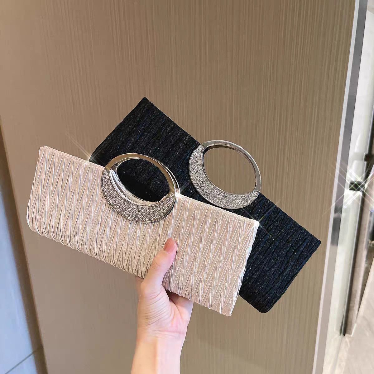 Pleated Ring-Handle Evening Handbag