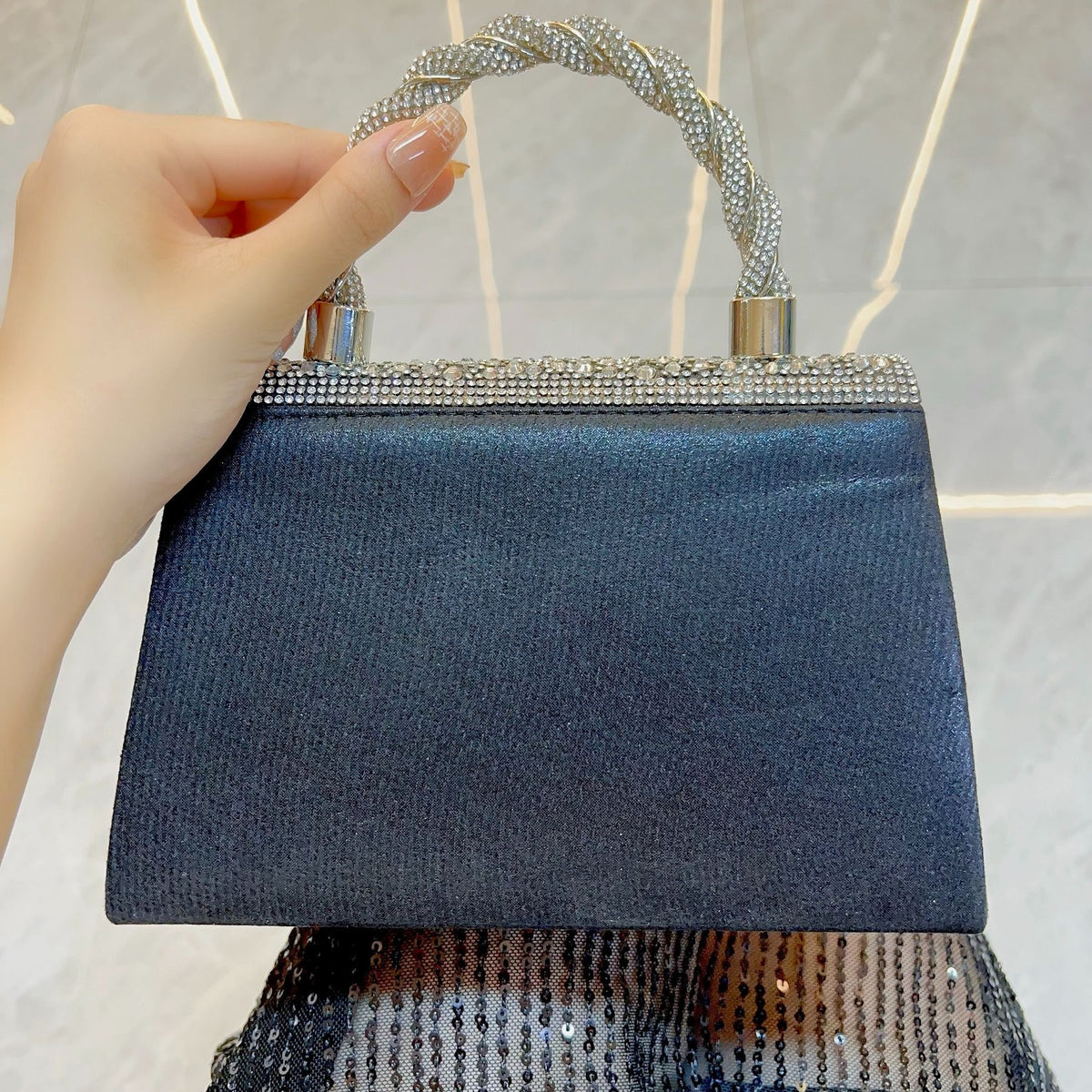 Rhinestone Flap Top-Handle Evening Bag