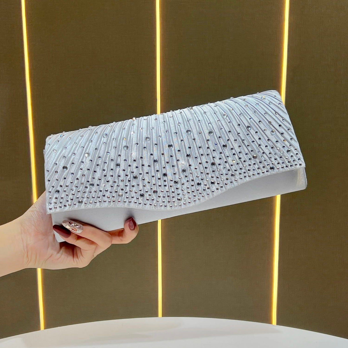 Pleated Glitter Evening Envelope Clutch