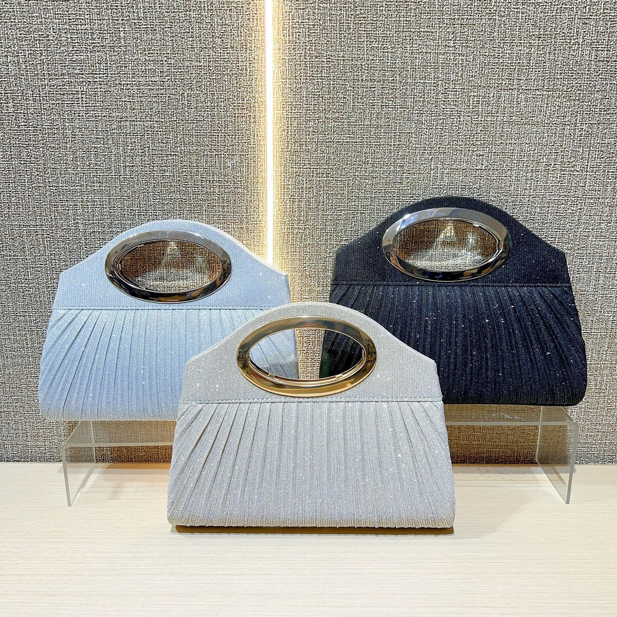 Pleated Oval-Handle Evening Clutch