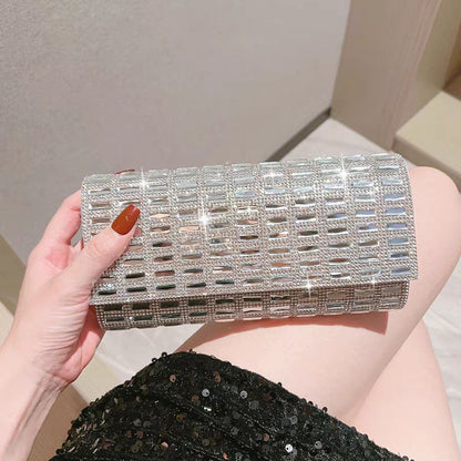 Grid-Pattern Rhinestone Evening Clutch