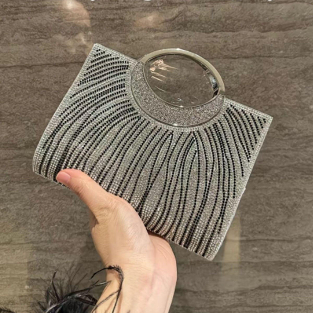 Wavy Rhinestone Ring-Handle Handbag