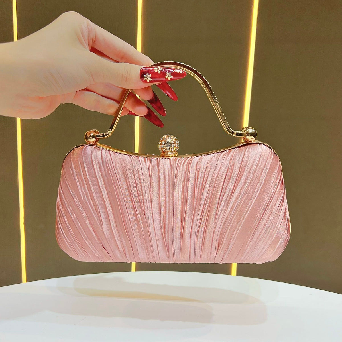 Pleated Satin Teardrop-Accent Evening Bag