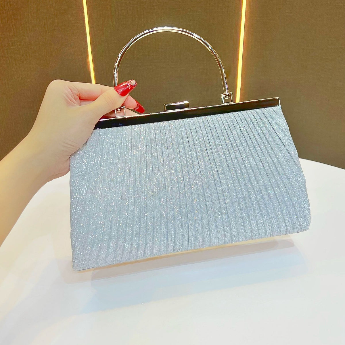 Pleated Half-Moon Handle Evening Bag