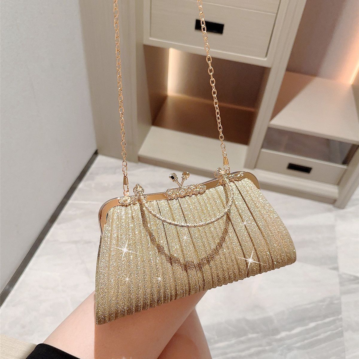 Mini Pleated Rhinestone Top-Handle Bag