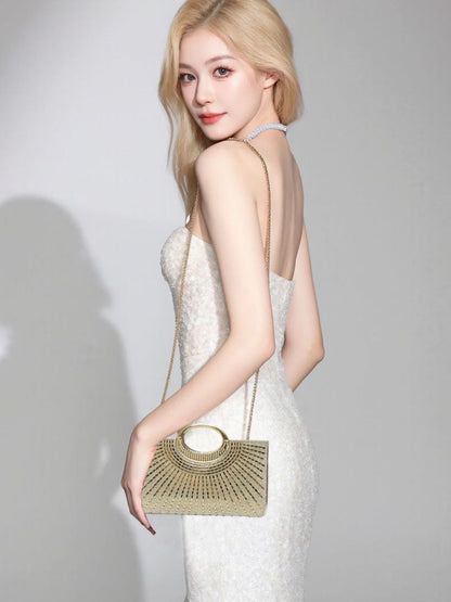 Sunburst Rhinestone Ring-Handle Evening Bag