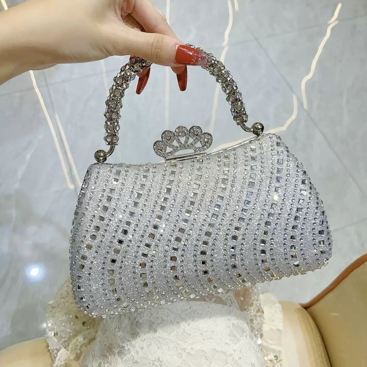 Wavy Rhinestone Crown-Clasp Mini Handbag