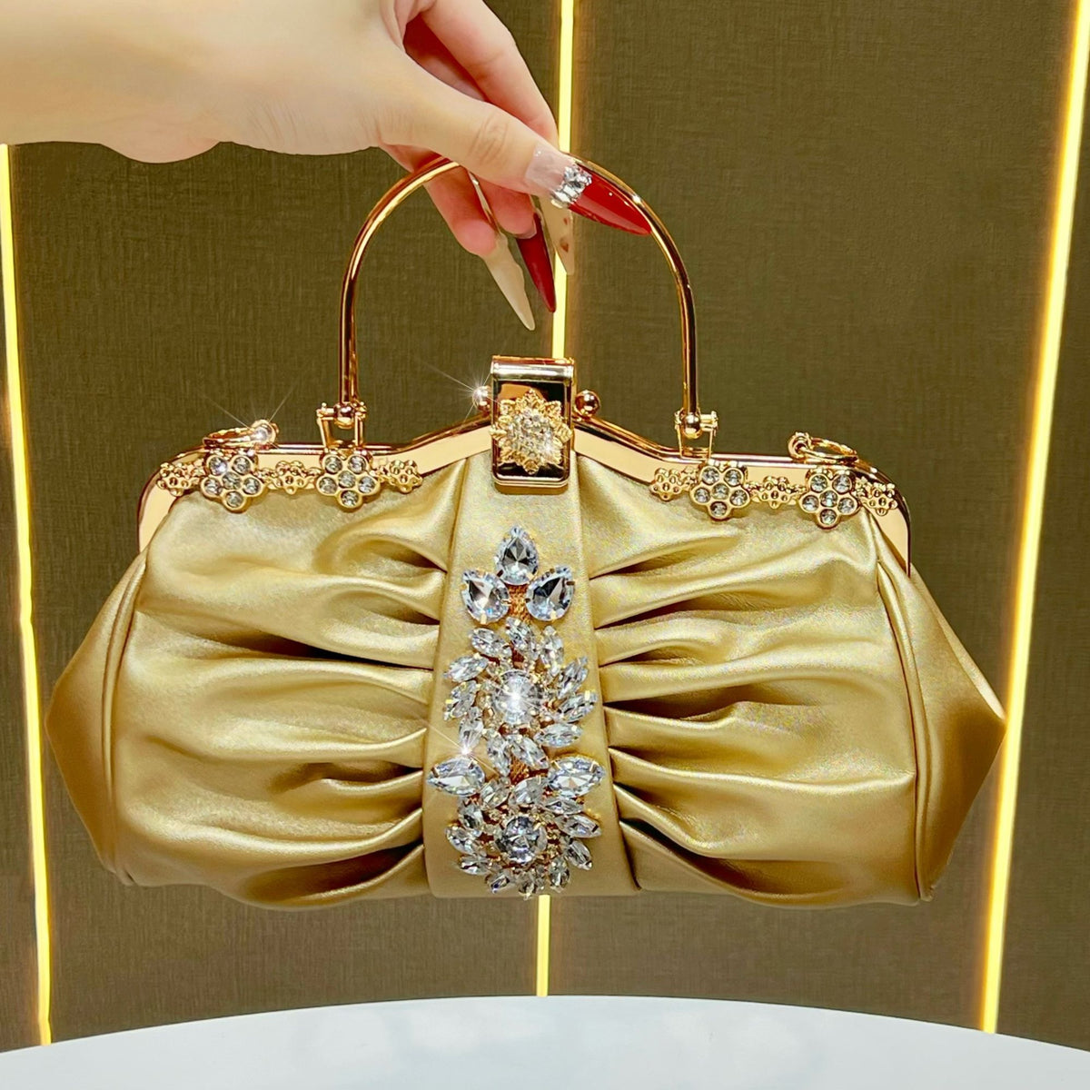 Ruched Crystal-Accent Evening Handbag