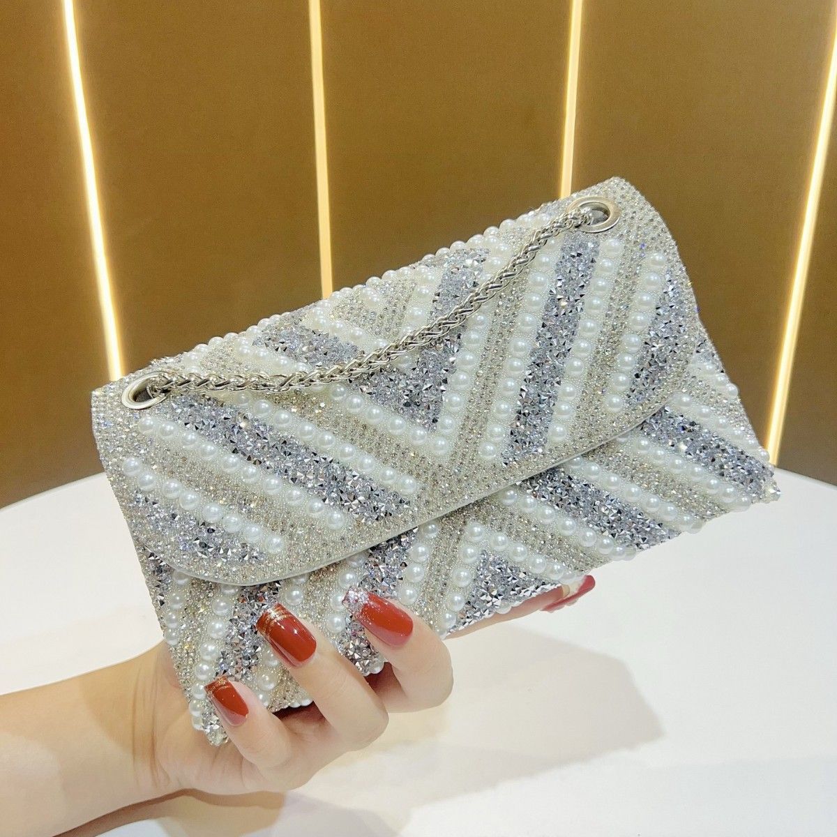 Pearl & Rhinestone Twist-Flap Clutch